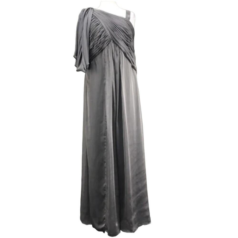 Adrianna Papell Silver Gray Maxi Dress Ruched Pleated Drape Gown MOB Bridesmaid